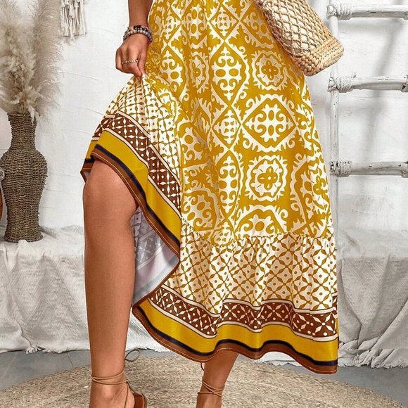 Yellow Boho Women's Vacation Style Allover Print Skirt - Picture 5 of 6